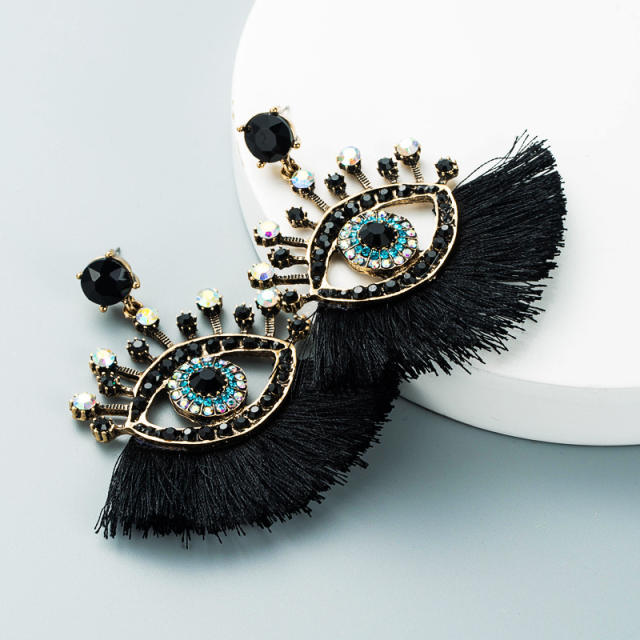 Diamond evil's eye hoop tassel earrings