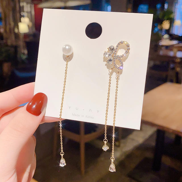 925 silver needle diamond butterfly chain tassel earrings