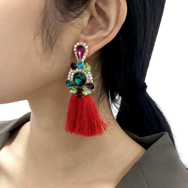 Diamond-encrusted long-style thread tassel earrings