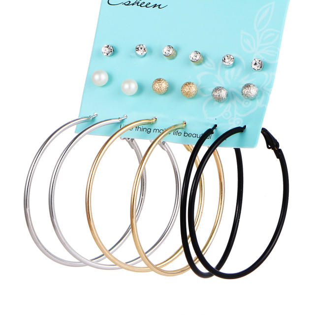 Three-color hoop earrings studs earrings set   9 pairs