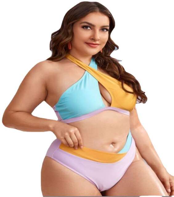 Two color high neck plus size swimwear