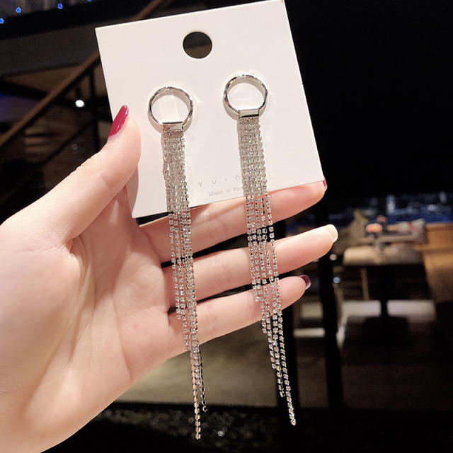 925 silver needle long-style diamond chain tassel earrings