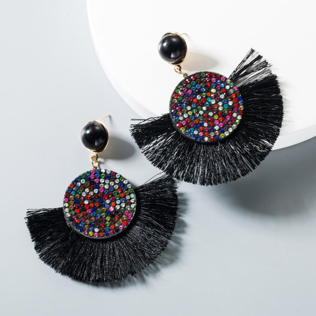 Rhinestone hoop tassel earrings