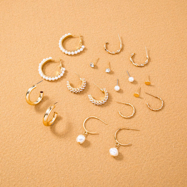 Pearl metal hoop earrings 9 pair set