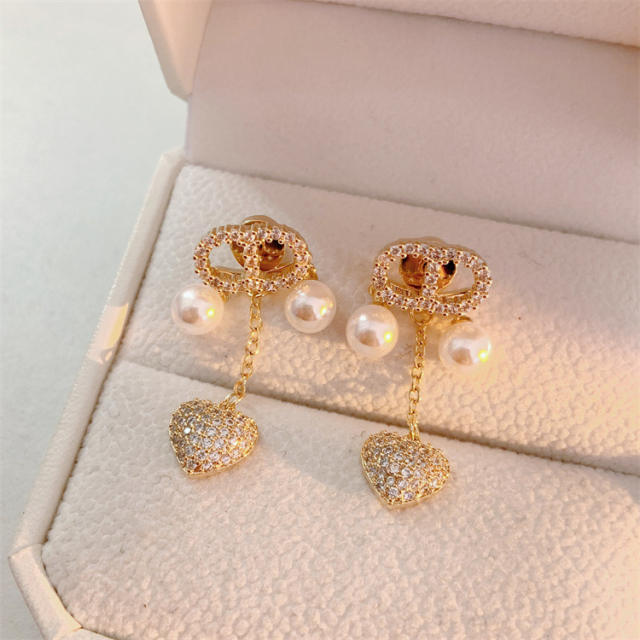Fashion CD letter loving heart zircon Pearl tassel earrings
