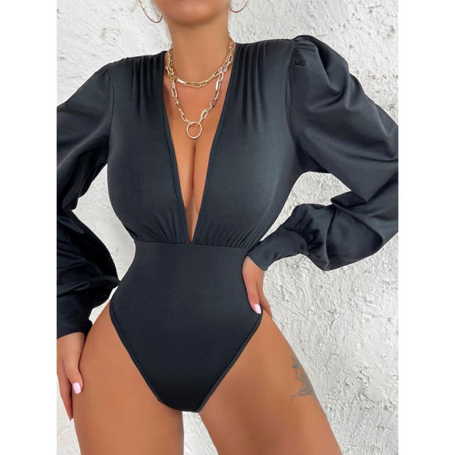 Black color V neck sexy bodysuit