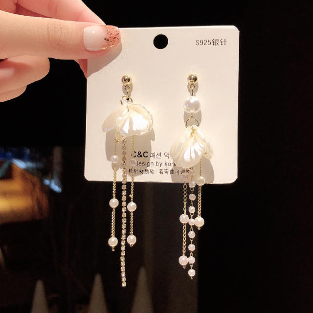 925 silver needle pearl diamond chain tassel earrings