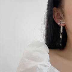 Fashion rhinestone cross chain tassel ear pin