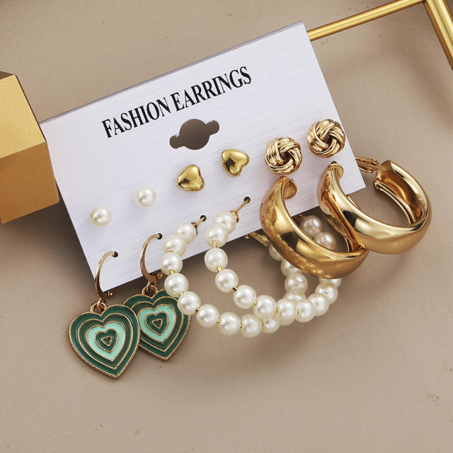 Heart Pearl metal hoop earrings set 6 pairs