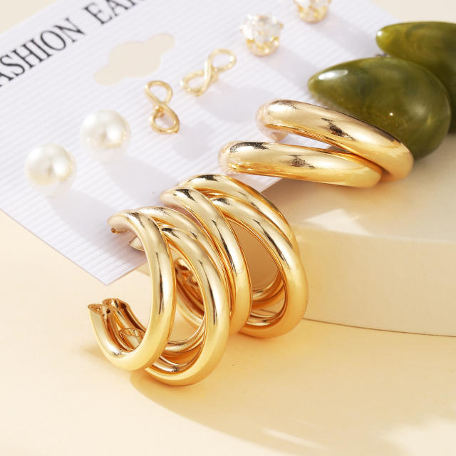 Pearl diamond studs earrings hoop earrings set 6 pairs