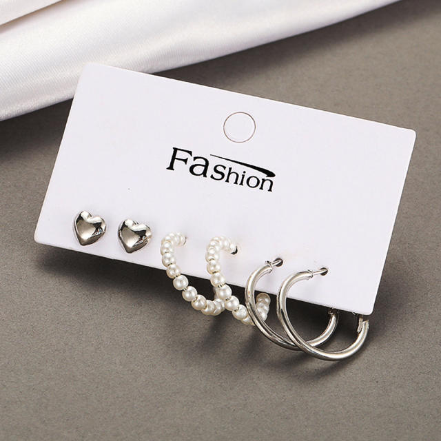 Pearl Heart circle ear studs earrings set