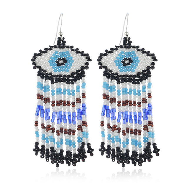 Bohemian evil's eye seed bead tassel earrings