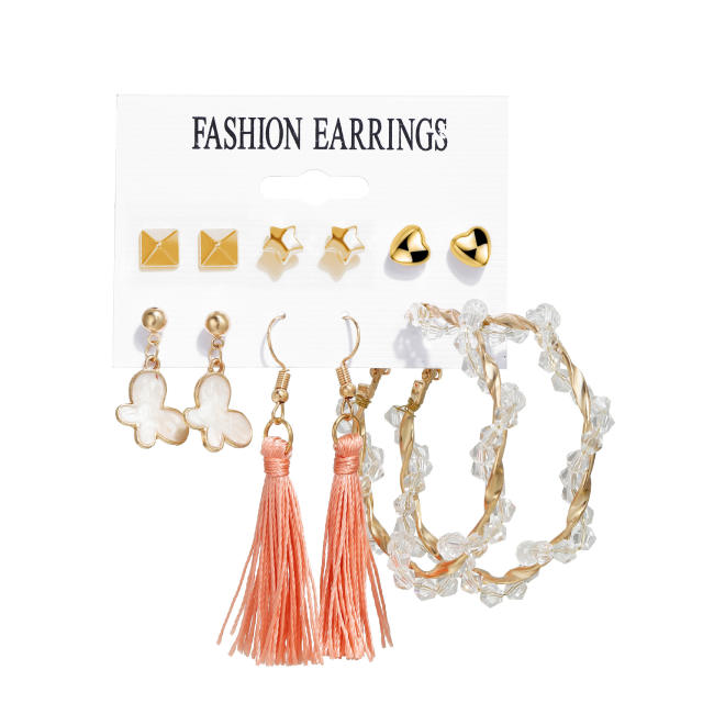 Heart butterfly tassel earrings set 6 pairs