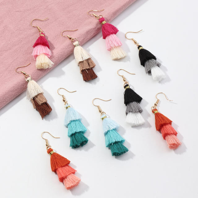 Multi-layer long-style thread tassel earrings