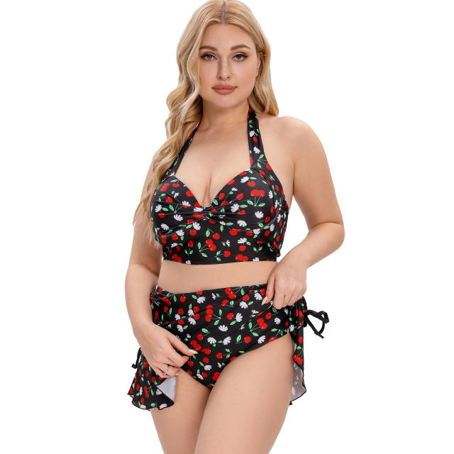 Cute cherry printing two piece plus size swimsuit