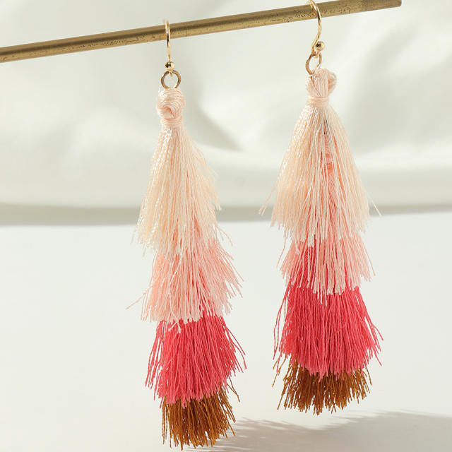 Multi-layer thread tassel earrings