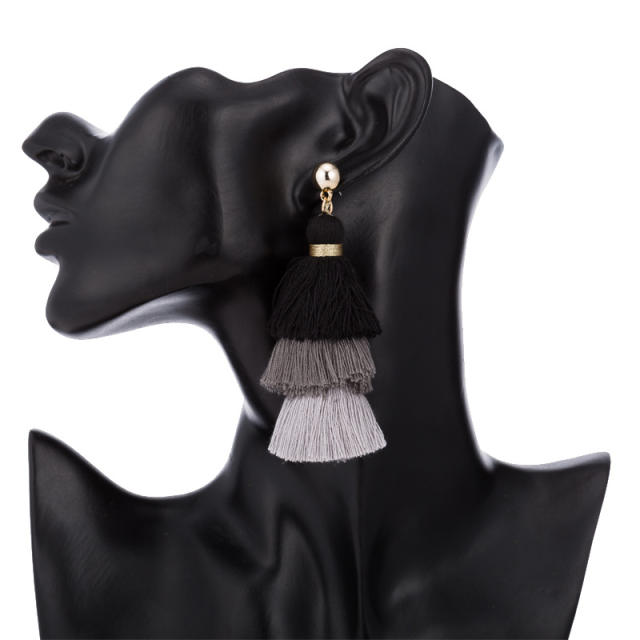 Multi-layer color mixing thread tassel earrings