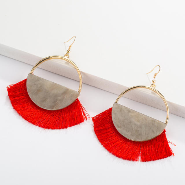 Fan-shaped hoop tassel earrings