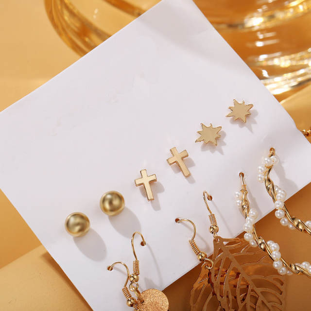 Leaf Pearl tassel cross stud earrings suit 6 pairs