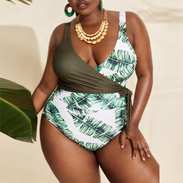 Leaf print one piece swimsuit