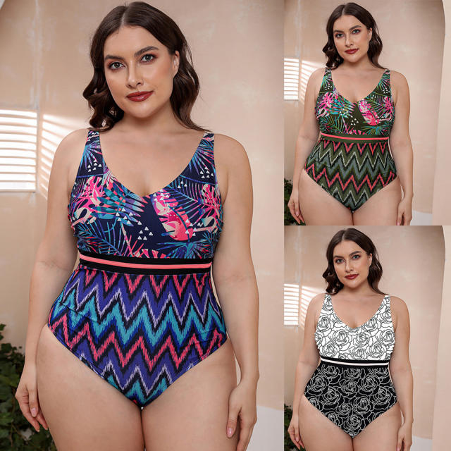 Plus size patterned one piece swimsuit