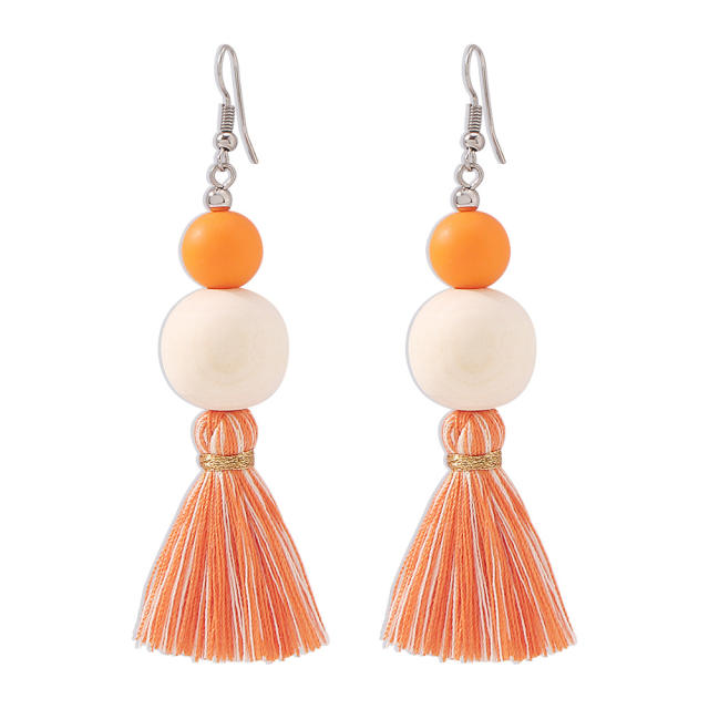 Bohemian wooden bead long-style thread tassel earrings