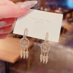 925 silver needle diamond leaf tassel earrings
