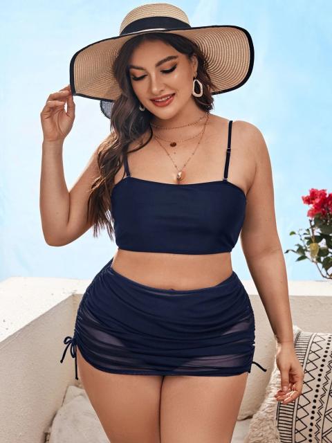 Plus size solid color three piece swimsuit set