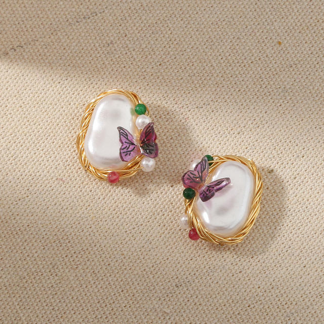 Baroque pearl butterfly studs earrings