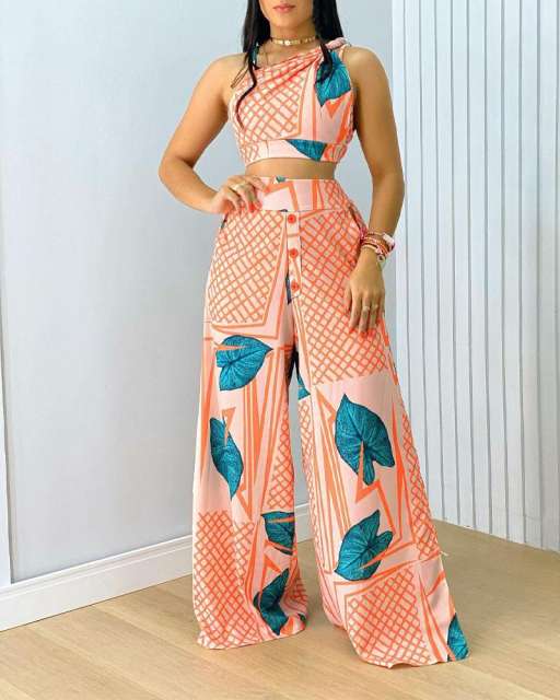 Orange color printing wide leg pants one shoulder cropped tops set