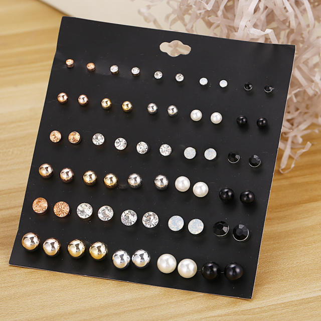 Fashion large and small pearls Diamond Crystal earings set 30 pairs