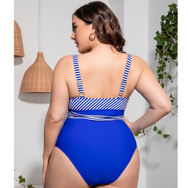 Plus size blue stripe one piece swimsuit