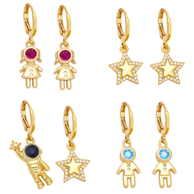 Fashion spaceman five-pointed star inlaid color zircon earrings