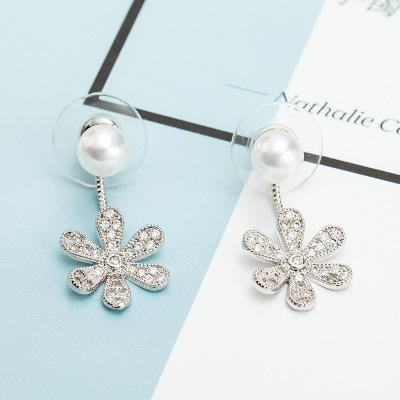 Fashion rhinestone pearl flower jacket earrings