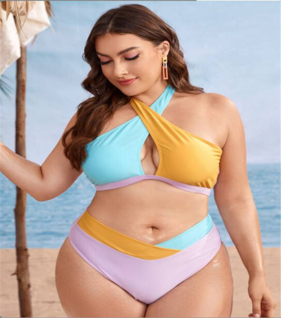 Two color high neck plus size swimwear