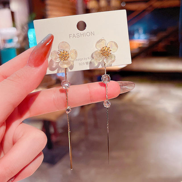 925 silver needle flower crystal long-style chain tassel earrings