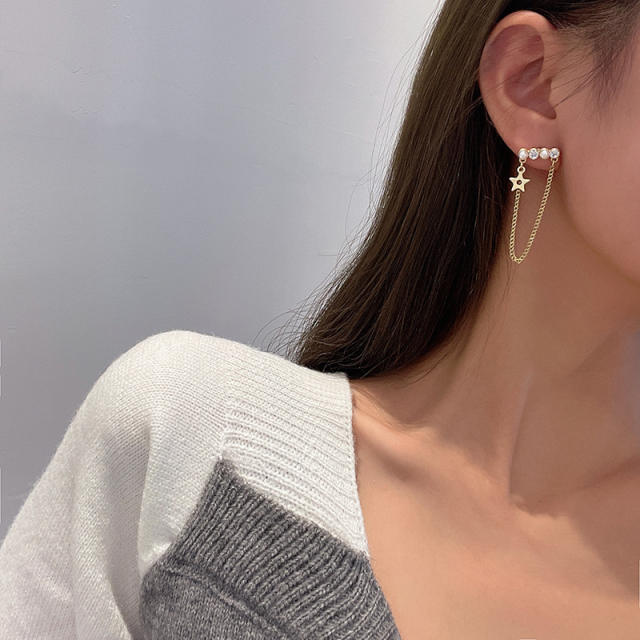 925 silver needle star Pearl chain tassel earrings