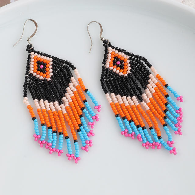 Bohemian rhombus seed bead tassel earrings