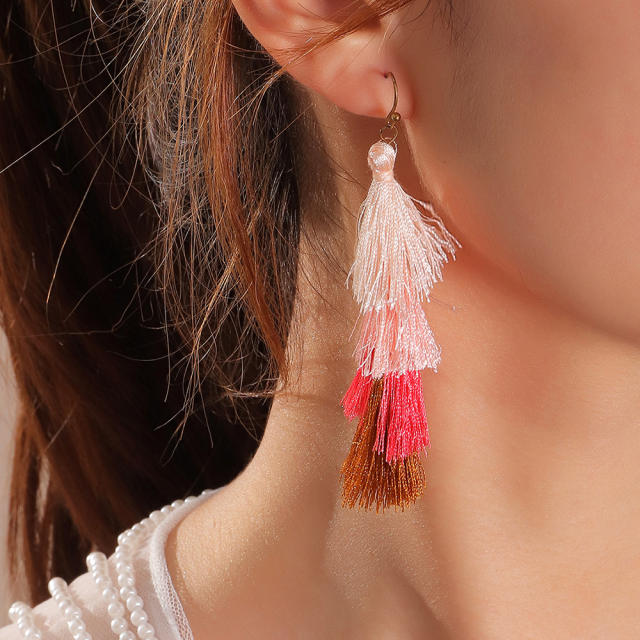 Multi-layer thread tassel earrings