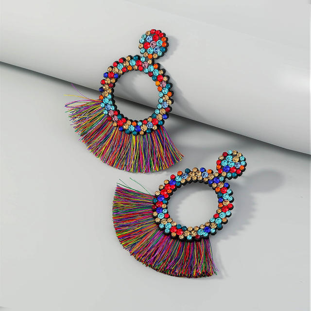 Fan-shaped hoop tassel earrings