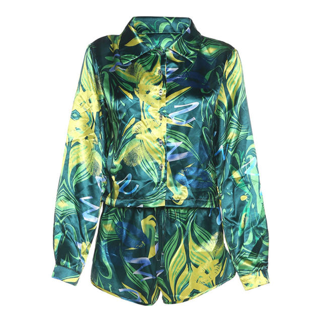 Green color pattern satin shorts blouse set for women