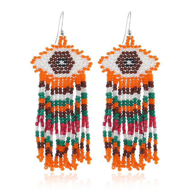 Bohemian evil's eye seed bead tassel earrings