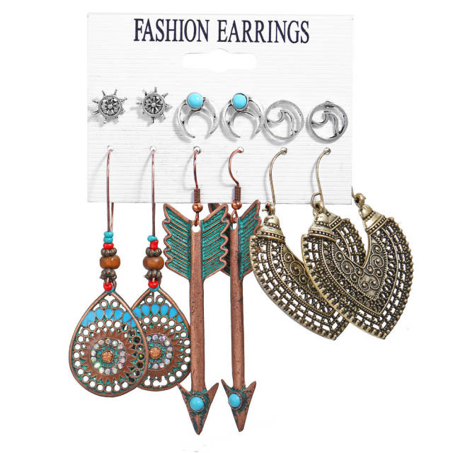 Creative retro ethnic style ear studs earrings set 6 pairs