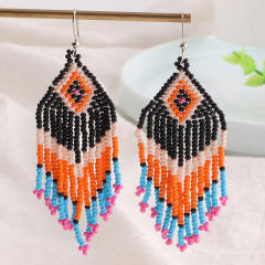 Bohemian rhombus seed bead tassel earrings