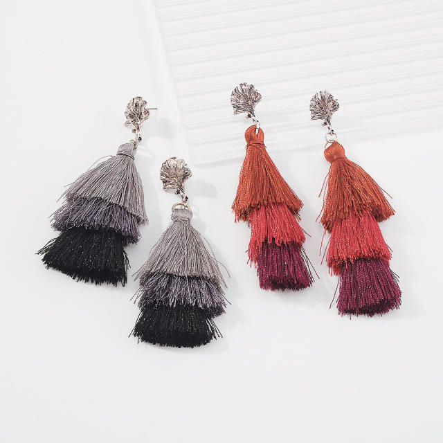 Multi-layer thread tassel earrings