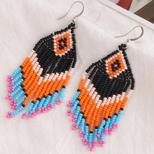 Bohemian rhombus seed bead tassel earrings