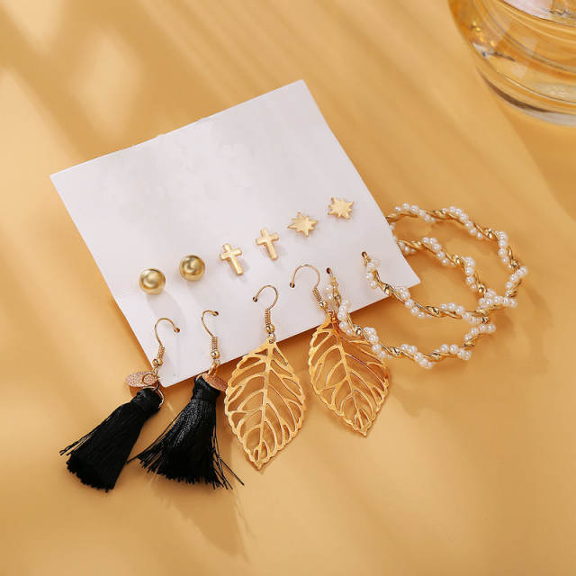 Leaf Pearl tassel cross stud earrings suit 6 pairs