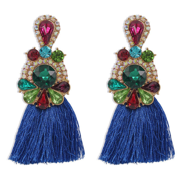 Diamond-encrusted long-style thread tassel earrings