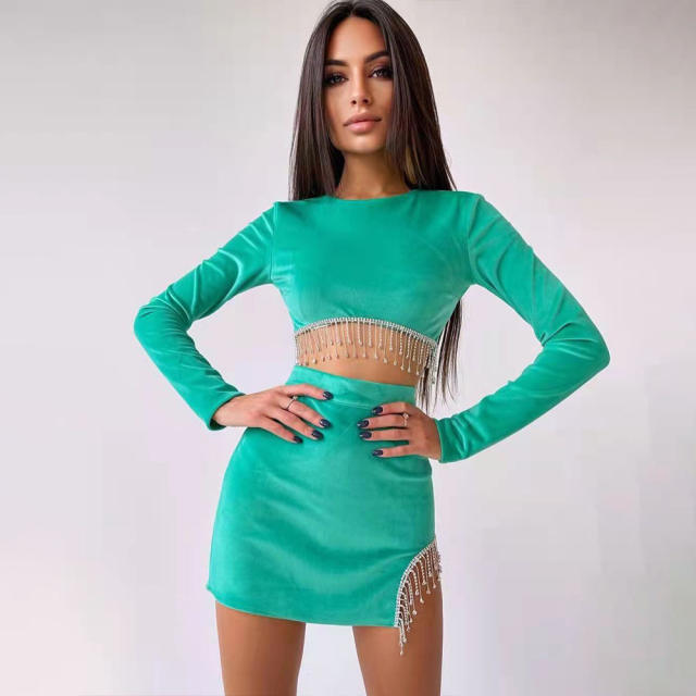 Autume plain color shining tassel skirt and crop top set