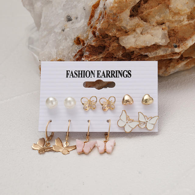 New butterfly pearl earrings five-pointed star moon earrings suit 9 pairs